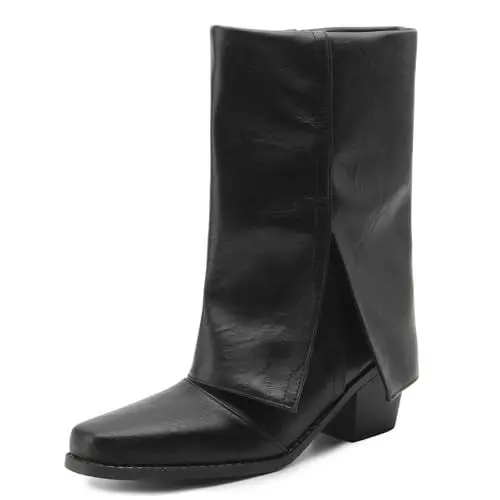 Produktbild: Roimaash Klassischer Fold Over Stiefel Für Frauen Cowgirl Ankle High Stiefeletten Block Heels Niedlich Cowboy Stiefel Covered Square Toe Country Fall Stiefel Wildleder Black Size 43