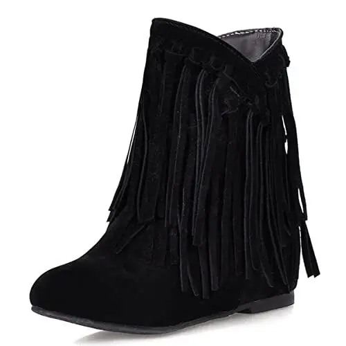 Produktbild: Roimaash Klassischer Franse Mokassin Stiefel Ankle High Damen Low Heel Stiefeletten Wide Calf Winterstiefel Short Quasten Stiefel Flach Western Stiefel Wildleder Black 36