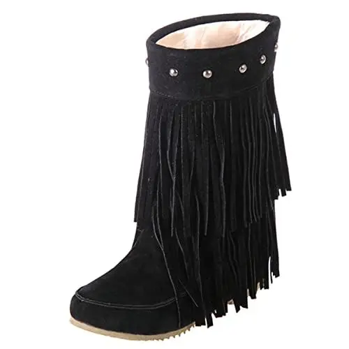 Produktbild: Roimaash Klassischer Franse Mokassin Stiefel Mid Calf Damen Flach Niedrige Stiefel Wide Calf Pull on Winterstiefel Short Quasten Stiefel Studed Plus Size Wildleder Black 46