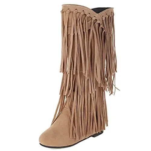 Produktbild: Roimaash Klassischer Franse Mokassin Stiefel Mid High Damen Low Heel Hohe Stiefel Wide Calf Winterstiefel Quasten Stiefel Flach Western Stiefel Wildleder Apricot 41