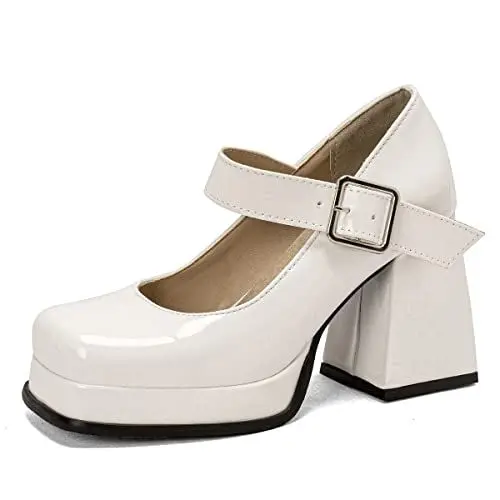 Produktbild: Roimaash Mode Damen Plateau Pumps Chunky Heels Sqaure Toe Mary Janes Schuhe Lolita Costume Schuhe Party Heels Plus Size Lack White Size 40