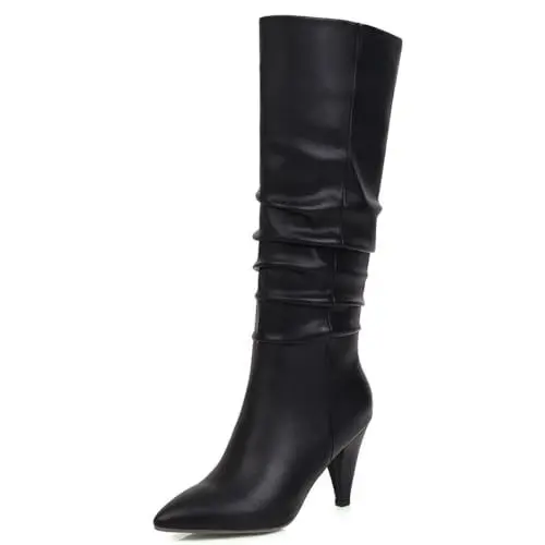 Produktbild: Roimaash Mode Damen Pleated Knee Hohe Stiefel Cone Heel Stiefel Wide Calf Stiefel Pointed Toe Winter Schuhe Party Heels Slouch Stiefel PU-Black Size 37