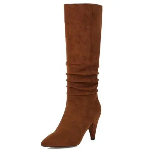 Produktbild: Roimaash Mode Damen Pleated Knee Hohe Stiefel Cone Heel Stiefel Wide Calf Stiefel Pointed Toe Winter Schuhe Party Heels Slouch Stiefel Yellow Size 38