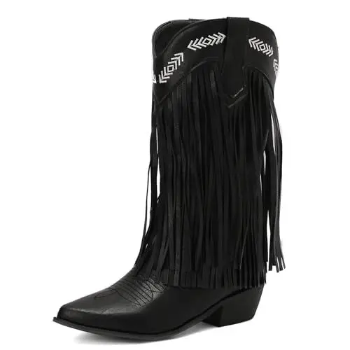 Produktbild: Roimaash Mode Franse Cowboy Mid Calf Stiefel Damen Stacked Heels Cowgirl Stiefel Western Halbe Stiefel Ohne Verschluss Jahrgang Quasten Stiefel Black Size 41