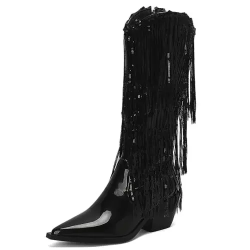Produktbild: Roimaash Mode Quasten Stiefel Für Frauen Cowgirl Mid Calf Stiefel Block Heels Shiny Metallic Cowboy Stiefel Franse Pointed Toe Country Stiefel Lack Black Size 44