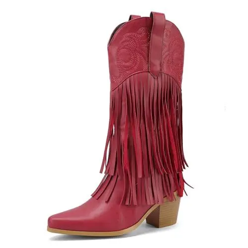 Produktbild: Roimaash Mode Quasten Stiefel Für Frauen Embroidered Cowgirl Mid Top Stiefel Block Heels Cowboy Stiefel Franse Square Toe Country Stiefel Red Size 39