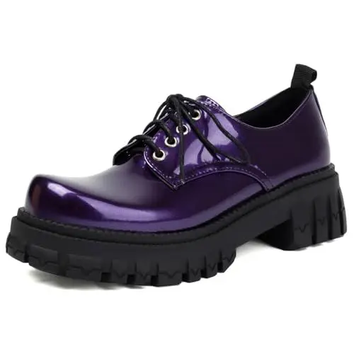 Produktbild: Roimaash Plateau Brogue Chunky Heels für Frauen Goth Costume ScHohe Lug Sole Schnüren Cosplay Dressy ScHohe Metal Schnalle Chain Lack Purple Size 39