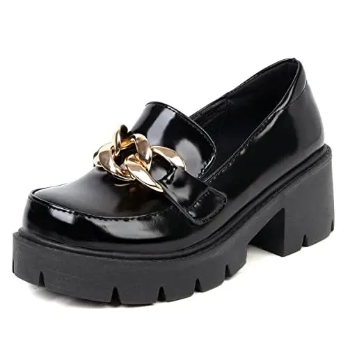Produktbild: Roimaash Süss Plateau Loafers Damen Block Heels Runde Zehen Brogue Arbeit Schuhe Ohne Verschluss Schule Uniform Schuhe Goth Costume Schuhe Lack Black Size 35