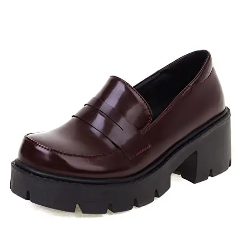 Produktbild: Roimaash Süss Plateau Loafers Damen Block Heels Runde Zehen Brogue Arbeit Schuhe Ohne Verschluss Schule Uniform Schuhe Goth Costume Schuhe Lack Claret Size 40