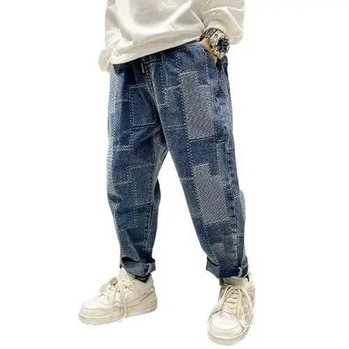 Produktbild: Rolanko Jungen Baggy Jeans, Jungs Zerrissene Denim Hosen mit Elastischem Bund und Taschen Loose Fit für Kinder, Blau Splice, Größe:130
