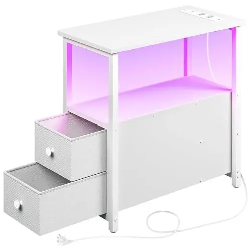 Produktbild: Rolanstar Beistelltisch mit Steckdosenleiste, Schmaler Nachttisch mit 2 Schubladen, Sofatisch aus Holz für kleine Räume Wohnzimmer Schlafzimmer, weiß, 58L x 28B x 60H cm