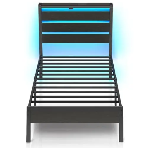 Produktbild: Rolanstar Bett Einzelbett mit LED, Bettgestell mit USB-Ladestation & Holzkopfteil mit Stauraum, Metallbett mit Stauraum unter dem Bett, perfekt für Schlafzimmer, 90 x 200 cm