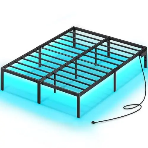 Produktbild: Rolanstar Bett 160x200 cm, Bettgestell mit LED, USB Ladestation, Metallbett, Doppelbett perfekt für Schlafzimmer Gästezimmer