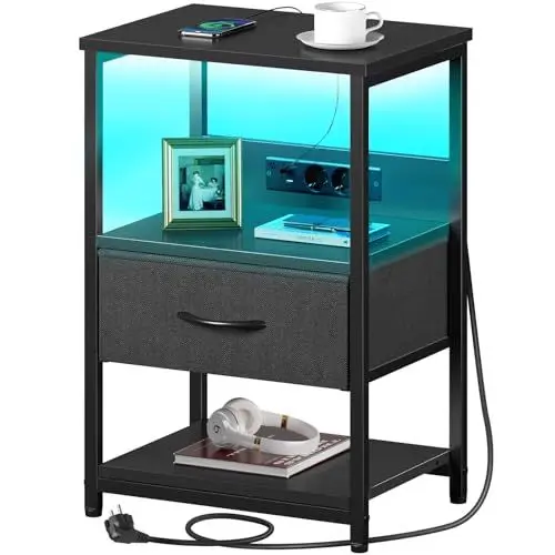 Produktbild: Rolanstar Nachttisch mit LED, Beistelltisch mit Steckdose & Stoffschublade, 3-stufiger Sofatisch mit offenem Regal, perfekt für Schlafzimmer, Wohnzimmer, kleine Räume, 40 x 30 x 60 cm