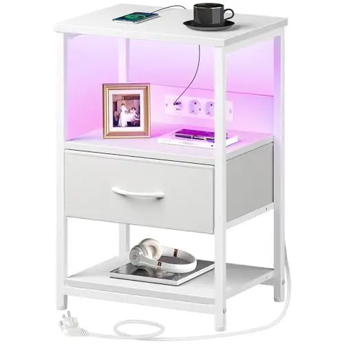 Produktbild: Rolanstar Nachttisch mit LED, Beistelltisch mit Steckdose & Stoffschublade, 3-stufiger Sofatisch mit offenem Regal, perfekt für Schlafzimmer Wohnzimmer kleine Räume, Weiß, 40 x 30 x 60 cm