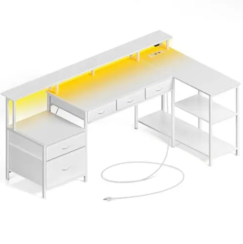 Produktbild: Rolanstar Schreibtisch L Form mit Schubladen, reversibler Gaming Tisch mit Steckdose, LED & Monitorständer 163 cm Computertisch für Büro Arbeitszimmer Schlafzimmer, weiß
