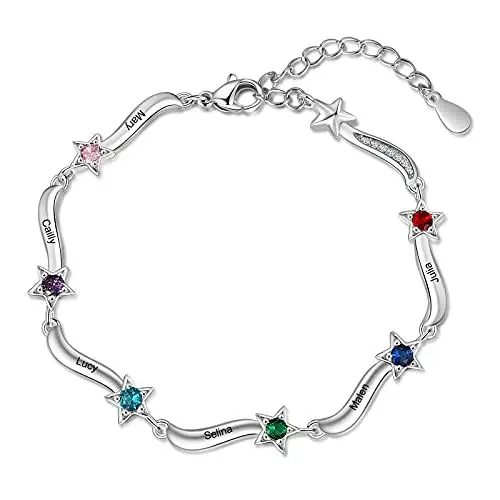 Produktbild: RolaOnly Damen Armband mit 6 Namen Gravur Geburtsstein 925 Sterling Silber Sterne Kristall Personalisiert Schmuck für Kinder Mädchen Frauen Mutter und Tochter mit Geschenkbox