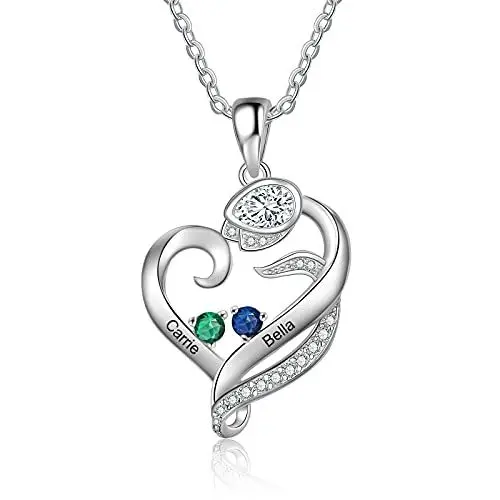 Produktbild: RolaOnly Damen Halskette mit Gravur Personalisierte Kette mit 2 Namen Geburtsstein Rose Anhänger 925 Sterlingsilber Schmuck für Mutter und Tochter, Schwester, Beste Freundin
