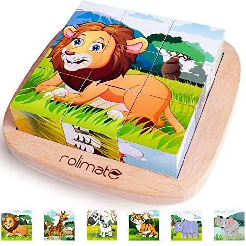 Produktbild: Rolimate Bilderwürfel Holz, Holzpuzzle 3D Würfelpuzzle Puzzlespiele 6 in 1 Tier-Motive mit 9 Würfel Holzspielzeug für Kinder ab 2 3 4 Jahren, Montessori Vorschule Lernspielzeug, 16 x 16cm, bunt