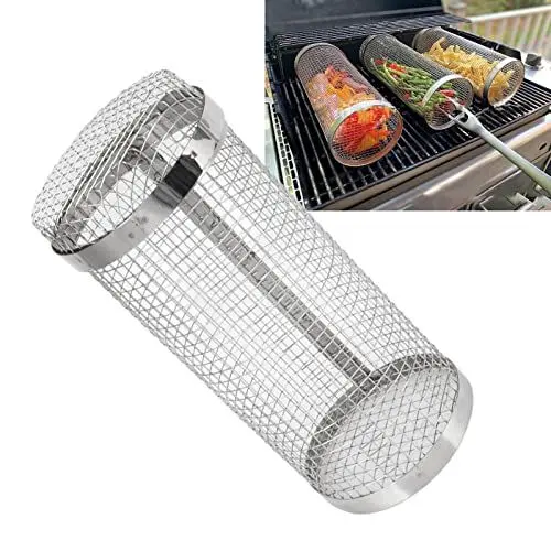 Produktbild: Rollbare Grillkörbe für Den Außengrill, Grillkorb aus Edelstahl, Grillkäfig mit Haken, Runder, Drehbarer Zylinderkäfig aus Netzstoff für Campingpartys(20cm/7.9in)