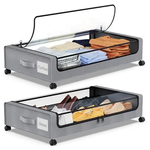 Produktbild: Rollbarer Unterbettbehälter mit Rädern, Unterbett Schuhaufbewahrung, Zusammenklappbar, Platzsparend Unter der Bettschublade, Schuhaufbewahrung, Aufbewahrungsorganisator für (2PCS)