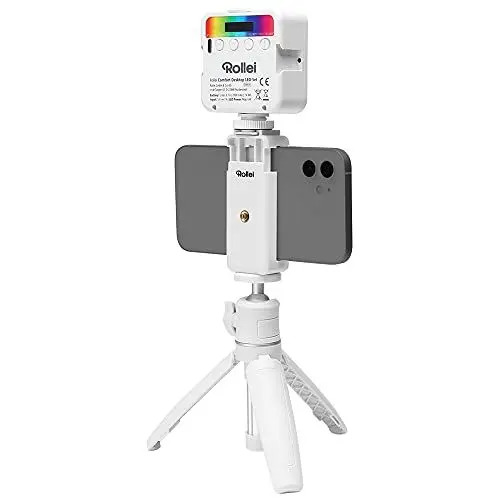 Produktbild: Rollei Comfort Desktop LED Set in weiß, Mini Stativ mit LED-Videolicht RGB, Kugelkopf und Smartphonehalterung, ist ideal für Vlogger und Blogger