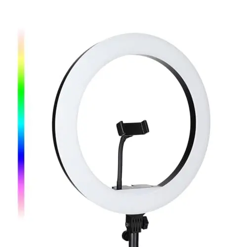 Produktbild: Rollei Lumis Slim RGB-Ringlicht mit Lampenstativ und Smartphone-Halterung in schwarz. Das ideale für Videokonferenzen, Livestreams und Vlogging (weiß), Farbe:schwarz