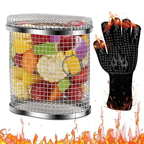Produktbild: Rolling BBQ Grillkorb,Grilling Basket Edelstahl Grill korb mit Grillhandschuhe BBQ Grill Rack 304 Grillzubehör Für Außengrill Gemüse, Fleisch,Camping, Pommes - 15x15x10CM