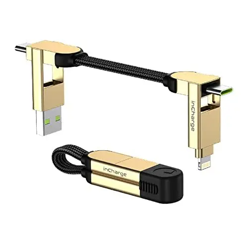 Produktbild: Rolling Square, inCharge X Schlüsselanhänger mit USB-C-Kabel, Universal-Smartphone-Kabel, Geschenk für Männer, Handy-Aufladegerät 6-in-1, technologisches Gadget, Gold, Lightning-Kabel 100 W