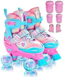 Produktbild: Rollschuhe Kinder Verstellbar Mädchen Rollerskates, Größe 26-37 Mit 6er Kinder Protektoren Set und Led Leuchtenden Rädern für Mädchen 1 Pair