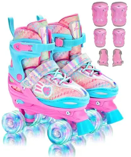 Produktbild: Rollschuhe Kinder Verstellbar Mädchen Rollerskates, Größe 26-37 Mit 6er Kinder Protektoren Set und Led Leuchtenden Rädern für Mädchen 1 Pair