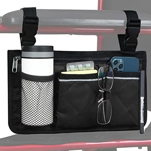 Produktbild: Rollstuhlaufbewahrungstasche Armlehnentasche mit Becherhalterung und reflektierendem Streifen, für die meisten Rollstühle, Gehhilfen oder Rollatoren (Schwarz)