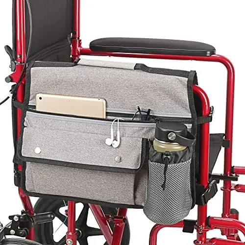 Produktbild: Rollstuhl-Organizer-Aufbewahrungstasche, doppelseitige Armlehnentasche mit Becherhalter und Reflektorstreifen, für Rollstühle und Gehhilfen (Grau)