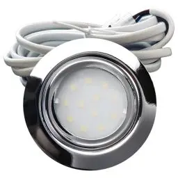 Produktbild: Rolux LED Möbeleinbauleuchte Leni 2W Warmweiß 3000K | 1 Stück Flache Einbau-Leuchte Ø72mm Chrom für Küche, Schränke, Wohnbereich | 12V DC, IP44, AMP-Stecker, Nicht Dimmbar, Montage ohne Schrauben