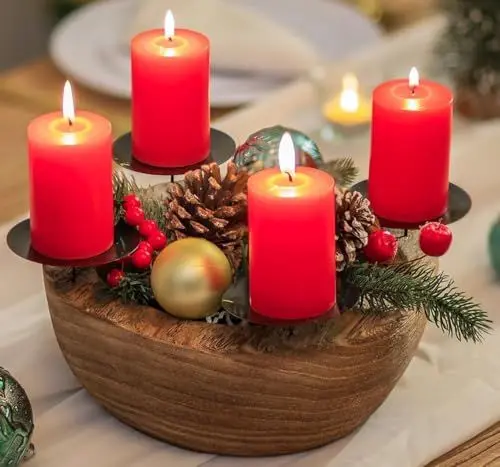 Produktbild: Romadedi Adventskranz Holz Kerzenhalter Adventsgesteck：Rund Holzschale Mit 4 Kerzenständer Für Stumpenkerzen Adventskranz Deko Weihnachten Adventsschale Dekoschale Für Advent Weihnachtsdeko, 25cm