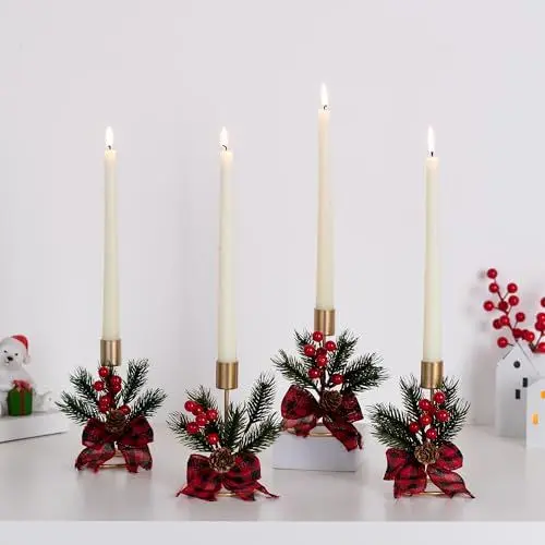 Produktbild: Romadedi Gold Kerzenständer für Weihnachten Deko: 2er Set Kerzenhalter Stabkerzenhalter für Stabkerzen Weihnachts Tischdeko Adventskranz Tisch with Rote Beeren Tannenzapfen