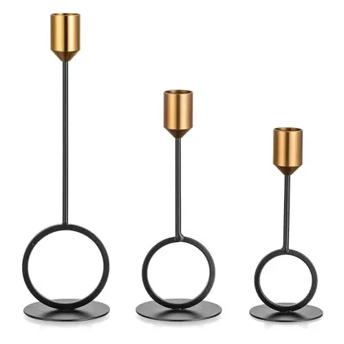 Produktbild: Romadedi Kerzenständer Gold Schwarz Wohnzimmer - 3er Set Kerzenhalter Stabkerze Metall für Kerzen Hochzeit Tischdeko Weihnachten Modern Weihnachten Fensterbank Sideboard Kommode Bad