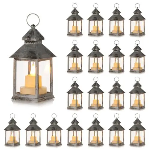 Produktbild: Romadedi Mini Laterne Halloween Tischdeko - Romadedi 20er Set Silber LED Laterne Metall zum Aufhängen für Weihnachten Hochzeit Tisch Ramadan Garten Balkon Innen Outdoor Draußen Herbst Party