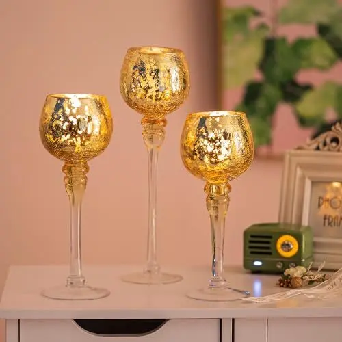 Produktbild: Romadedi Teelichthalter Kerzenständer Glas Gold - Windlicht Kerzenhalter Deko Quecksilber 3er-Set 23,5/25,5/31,5 cm für Teelichter Votivkerzen Kerzen Hoch, Wohnzimmer Tischdeko Hochzeit
