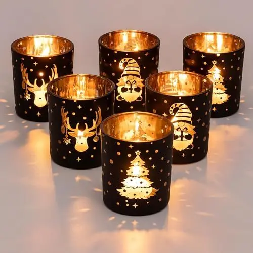 Produktbild: Romadedi Teelichthalter Weihnachten für Tischdeko Weihnachten: 6er Set Schwarz Weihnachtsgläser Kerzenständer für Weihnachtsdeko Teelichtgläser für Deko Weihnachten Wohnzimmer Party Tischgesteck Kamin