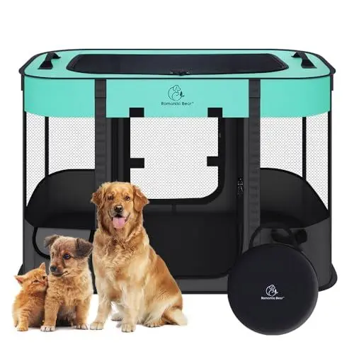 Produktbild: ROMANTIC BEAR Welpenauslauf Hundebox Faltbar Wasserdicht Tierlaufstall Abnehmbar Transportbox Freigehege für Katze Kaninchen Haustier mit Tragbar Handtasche,Hund Laufgitter für Camping Reisen S