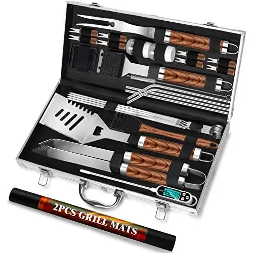 Produktbild: ROMANTICIST 30-teiliges Grill-Werkzeugset für Männer Papa, Hochleistungs-Grill-Utensilien-Set, Grillzubehör-Set aus Edelstahl mit Thermometer, Matten im Aluminiumgehäuse für unterwegs im Freien, braun