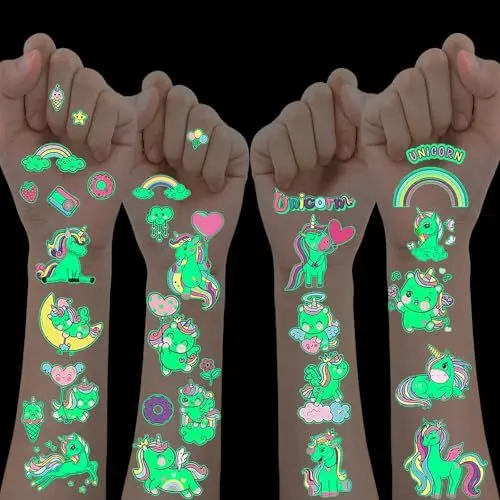 Produktbild: ROMANVIC Einhorn Tattoo Kinder, 10 Blätter Leuchtende Kindertattoos,Hautfreundlich Tattoos Aufkleber, Einschulung Zuckertüte Mädchen Schultüte Füllung,Einhorn Spielzeug Spiel Kleine Geschenke