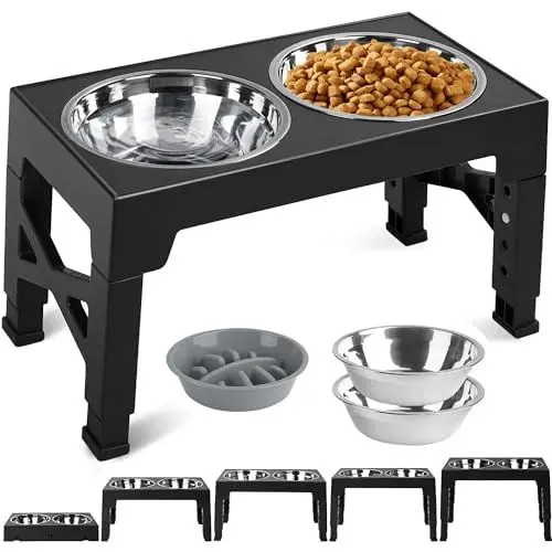 Produktbild: Romicta Erhöhte Futterstation für große Hunde, 5-Fach höhenverstellbar, inkl. 2 * 1200ML Edelstahlnäpfen und 1 * 800ML Langsamfutternapf