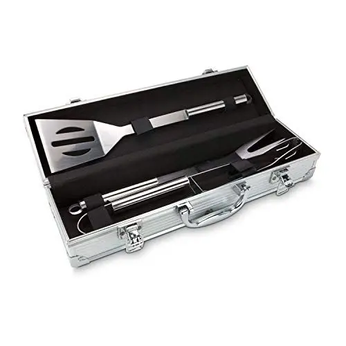 Produktbild: ROMINOX Geschenkartikel Grillkoffer // Barbecue – Grillzubehör, BBQ, Barbecue, Profi-Grillausrüstung im Aluminium-Geschenkkoffer, Zange, Wender, Gabel·· Maße: ca. 37 x 10 x 8 cm