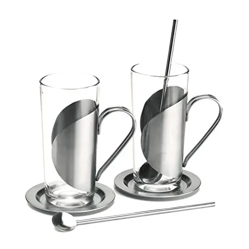 Produktbild: ROMINOX Geschenkartikel Teegläser // Marco Polo – 6-teiliges Heißgetränke-Set: 2 (Tee-) Gläser mit klarer, linearer Formensprache, Untersetzer und Trinkhalmlöffel·· Maße: ca. 6 x 6 x 14 cm