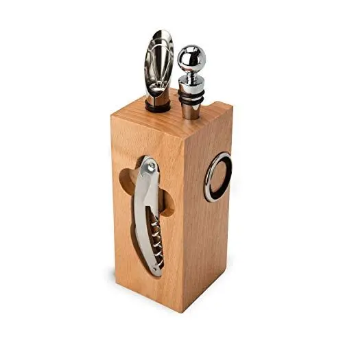 Produktbild: ROMINOX Geschenkartikel Weinaccessoires // Buche Block – Weinzubehör 7-teilig, Block mit Sommeliermesser, 2 Tropfringe, Weinthermometer, Flaschenverschluss, Ausgießer·· Maße: ca. 7 x 7 x 22 cm