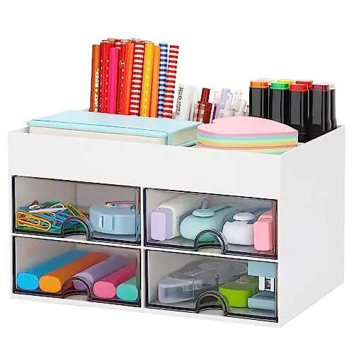 Produktbild: ROMINVIC Schreibtisch Organizer - Büro-Organizer mit 6 Fächern und 2 kleinen Schubladen, Desk Storage Box für Stiftehalter (Weiß-1)