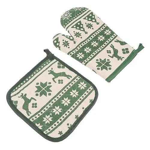 Produktbild: ROMISBABA 1 Satz Weihnachts-verbrühschutzhandschuhe Weihnachtsgrillhandschuhe Topflappen Und Matte Pfannenhalter Für Heiße Griffe Backhandschuhe Für Weihnachten Polyester Baumwolle Green