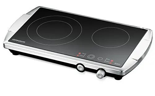 Produktbild: ROMMELSBACHER Doppelkochplatte CT 3400/E – Made in Germany, SCHOTT CERAN® Kochfläche, 2 Kochzonen, energiesparend, kurze Aufheizzeit, stufenlose Regelung, versenkbare Knebel, Edelstahl, 3400 Watt